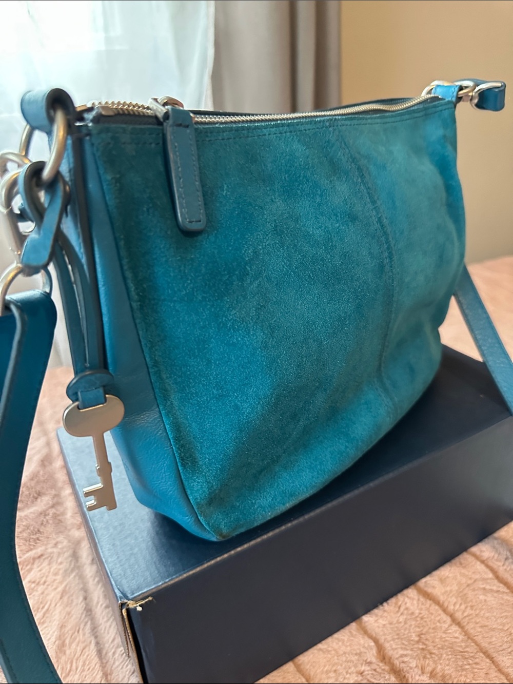 Teal Fossil Suede & leather Crossbody Bag with Key Charm EUC